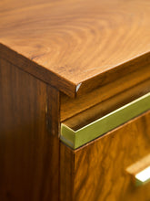 Load image into Gallery viewer, 1970’s Burlwood and Brass 3 Drawer Chest of Drawers
