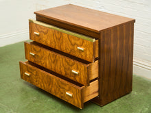 Load image into Gallery viewer, 1970’s Burlwood and Brass 3 Drawer Chest of Drawers
