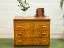 Load image into Gallery viewer, 1970’s Burlwood and Brass 3 Drawer Chest of Drawers
