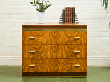 Load image into Gallery viewer, 1970’s Burlwood and Brass 3 Drawer Chest of Drawers
