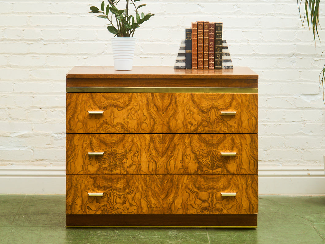 1970’s Burlwood and Brass 3 Drawer Chest of Drawers