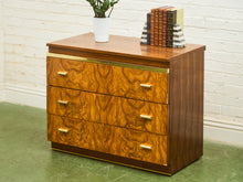 Load image into Gallery viewer, 1970’s Burlwood and Brass 3 Drawer Chest of Drawers
