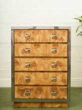Load image into Gallery viewer, 1970’s Mod Atomic Faux Burlwood Highboy Dresser

