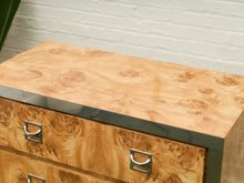 Load image into Gallery viewer, 1970’s Mod Atomic Faux Burlwood Highboy Dresser
