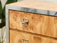 Load image into Gallery viewer, 1970’s Mod Atomic Faux Burlwood Highboy Dresser
