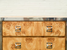 Load image into Gallery viewer, 1970’s Mod Atomic Faux Burlwood Highboy Dresser
