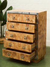 Load image into Gallery viewer, 1970’s Mod Atomic Faux Burlwood Highboy Dresser
