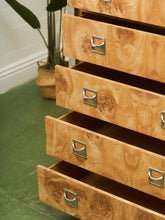 Load image into Gallery viewer, 1970’s Mod Atomic Faux Burlwood Highboy Dresser

