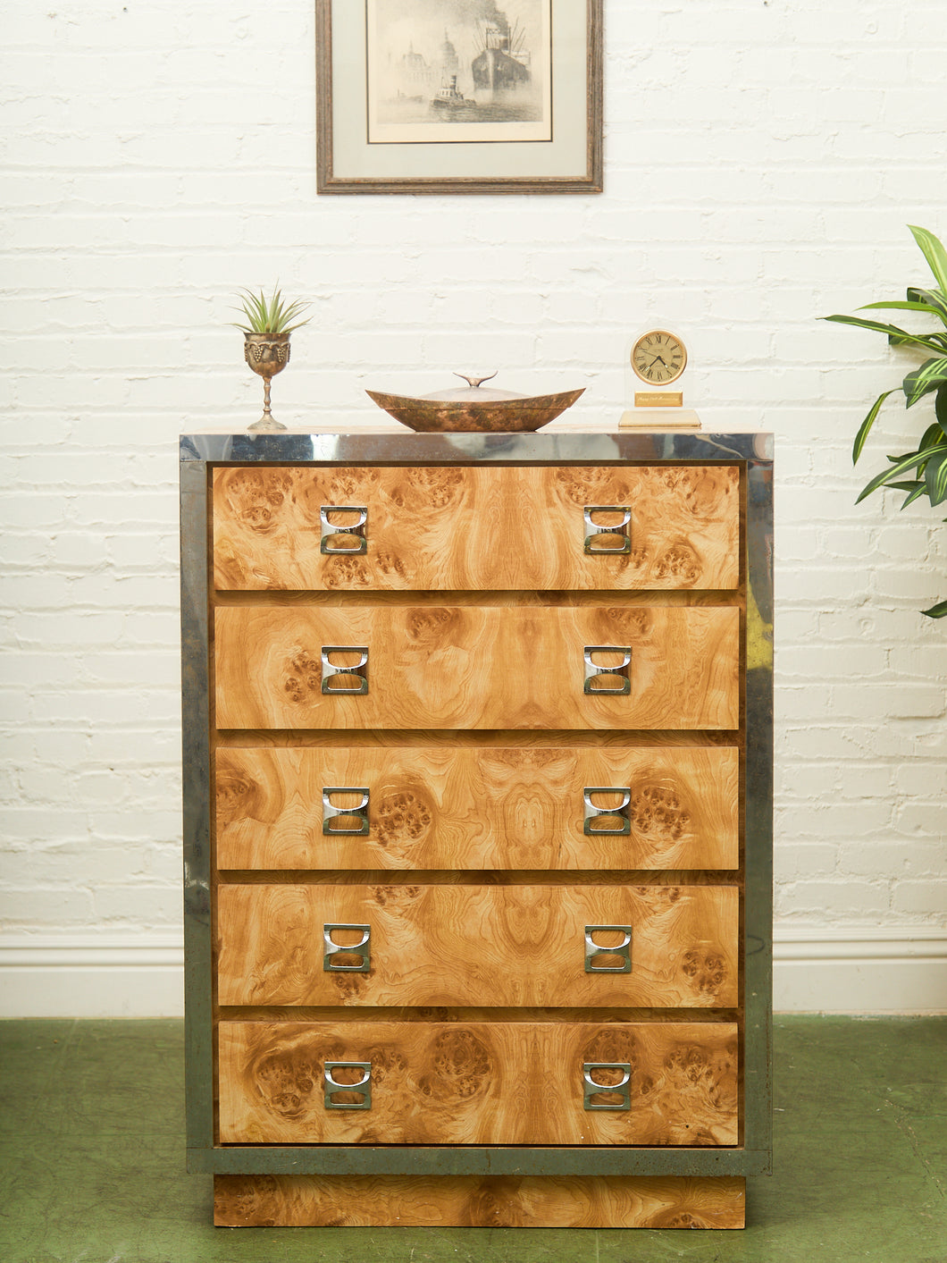 1970’s Mod Atomic Faux Burlwood Highboy Dresser