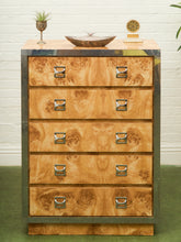 Load image into Gallery viewer, 1970’s Mod Atomic Faux Burlwood Highboy Dresser
