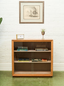 Blonde Small 1950’s Display Cabinet Book Shelf Behind Glass
