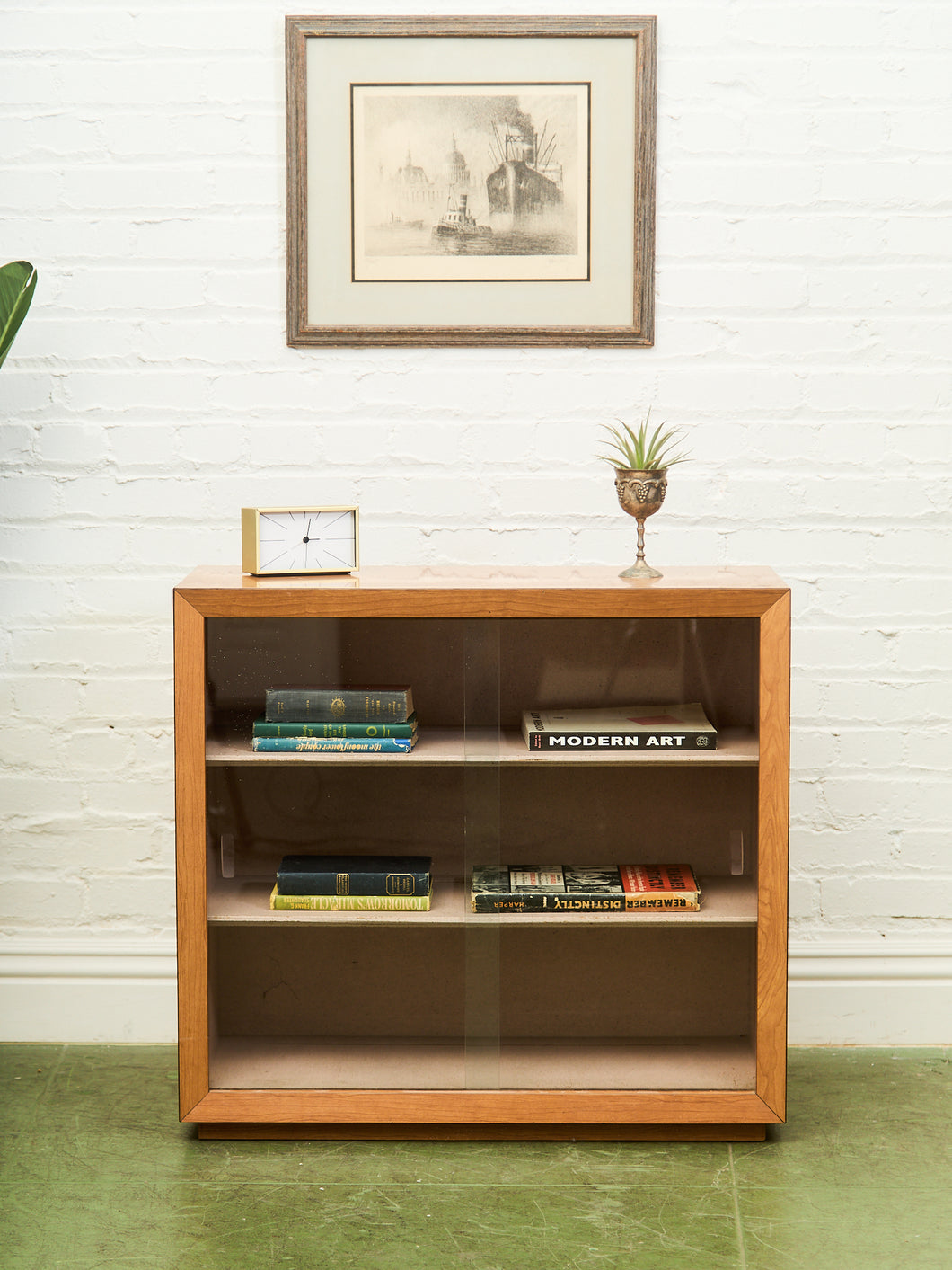 Blonde Small 1950’s Display Cabinet Book Shelf Behind Glass