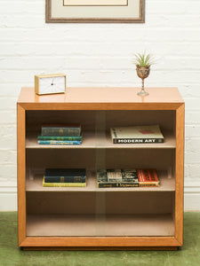 Blonde Small 1950’s Display Cabinet Book Shelf Behind Glass