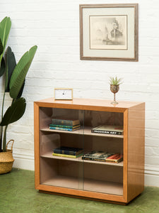 Blonde Small 1950’s Display Cabinet Book Shelf Behind Glass