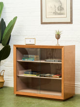 Load image into Gallery viewer, Blonde Small 1950’s Display Cabinet Book Shelf Behind Glass
