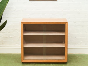 Blonde Small 1950’s Display Cabinet Book Shelf Behind Glass