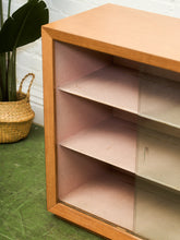 Load image into Gallery viewer, Blonde Small 1950’s Display Cabinet Book Shelf Behind Glass
