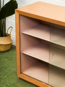 Blonde Small 1950’s Display Cabinet Book Shelf Behind Glass