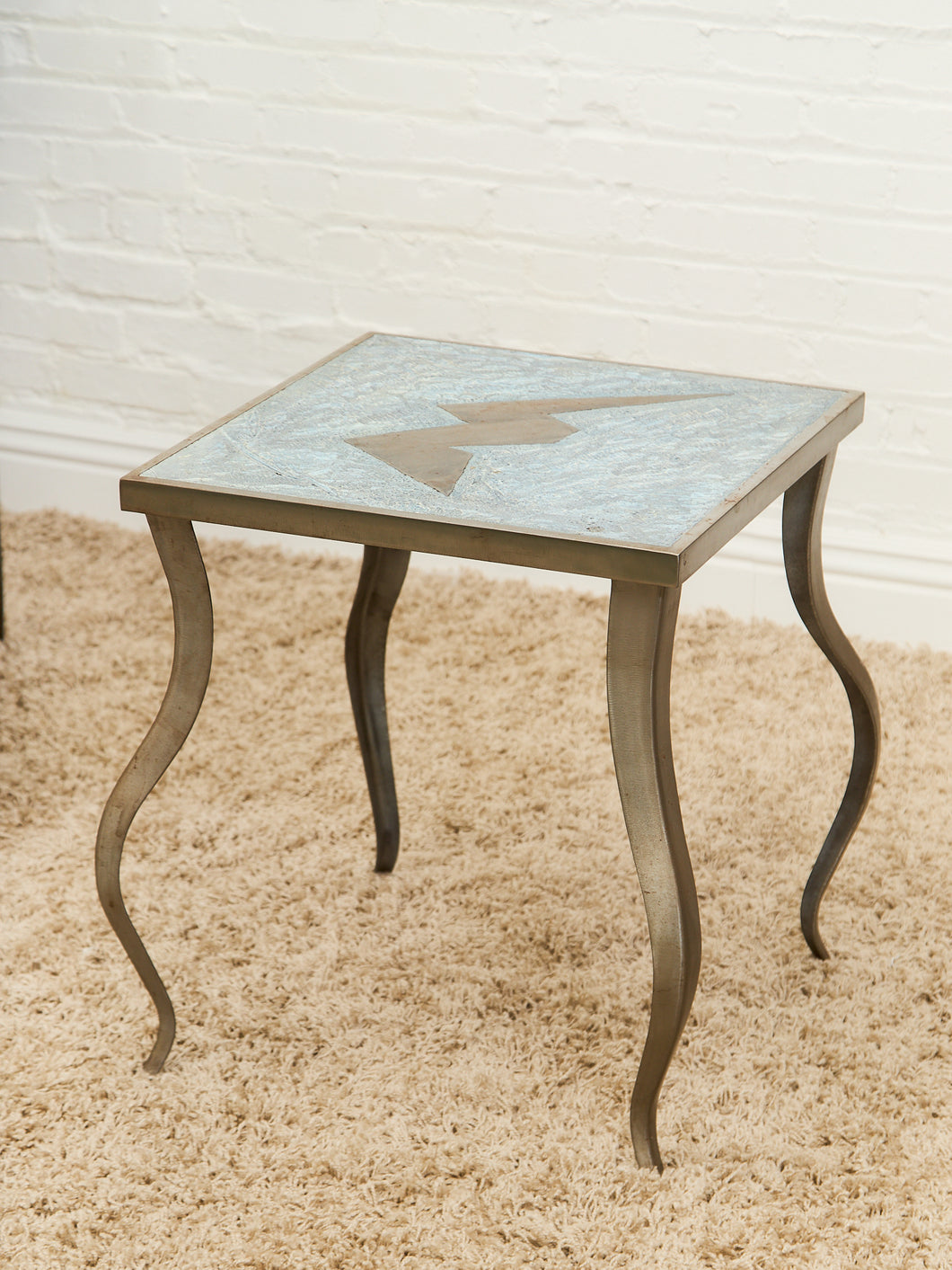 Brutalist Cement and Steel Inlaid End Table