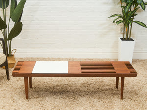 Mid-Century Slat Coffee Table with White Laminate Tile Inlay