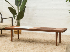 Mid-Century Slat Coffee Table with White Laminate Tile Inlay