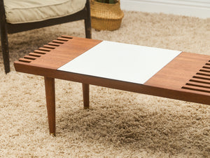 Mid-Century Slat Coffee Table with White Laminate Tile Inlay