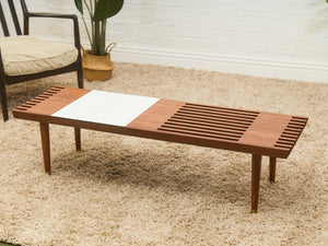 Mid-Century Slat Coffee Table with White Laminate Tile Inlay