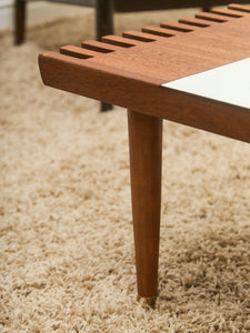 Mid-Century Slat Coffee Table with White Laminate Tile Inlay