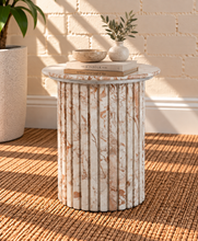 Load image into Gallery viewer, Sarina Breccia marble side table in Almond Rose with fluted marble base and cream and brown natural veining.
