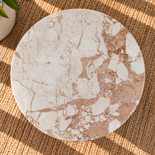 Load image into Gallery viewer, Sarina Breccia marble side table in Almond Rose with fluted marble base and cream and brown natural veining.
