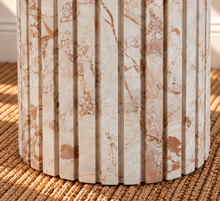 Load image into Gallery viewer, Sarina Breccia marble side table in Almond Rose with fluted marble base and cream and brown natural veining.
