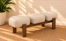 Load image into Gallery viewer, Image 2 of 4: Scout 3-Seater Walnut Bench in Almond Ivory vegan leather with rounded seats and solid wood frame
