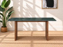 Load image into Gallery viewer, Serena rectangular dining table with moss green natural marble top and warm mango wood panel base
