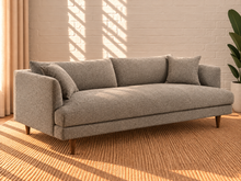 Load image into Gallery viewer, Image 2 of 5: Shelby upholstered sofa in Mushroom Taupe boucle fabric with deep lounge seating, loose cushions, and tapered Rubberwood legs
