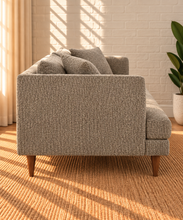 Load image into Gallery viewer, Image 3 of 5: Shelby upholstered sofa in Mushroom Taupe boucle fabric with deep lounge seating, loose cushions, and tapered Rubberwood legs
