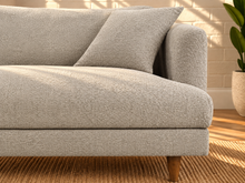 Load image into Gallery viewer, Image 5 of 5: Shelby upholstered sofa in Stone Mist boucle fabric with deep lounge seating, loose cushions, and tapered Rubberwood legs
