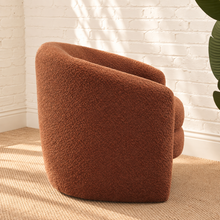 Load image into Gallery viewer, Sienna lounge chair in burnt sienna bouclé with curved barrel back, rounded arms, and removable seat cushion
