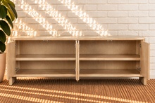 Load image into Gallery viewer, Sloan Minimalist Buffet Credenza in Blonde Oak with four doors, interior shelving, and tapered legs
