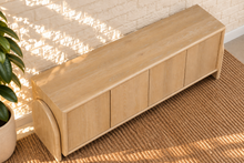 Load image into Gallery viewer, Sloan Minimalist Buffet Credenza in Blonde Oak with four doors, interior shelving, and tapered legs
