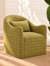 Load image into Gallery viewer, Solana olive green lounge chair with windowpane check upholstery, curved back, shelter arms, and matching accent pillow
