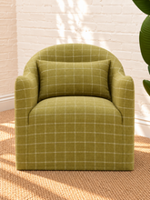 Load image into Gallery viewer, Solana olive green lounge chair with windowpane check upholstery, curved back, shelter arms, and matching accent pillow
