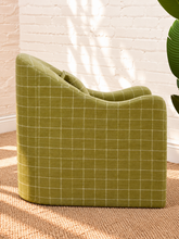 Load image into Gallery viewer, Solana olive green lounge chair with windowpane check upholstery, curved back, shelter arms, and matching accent pillow
