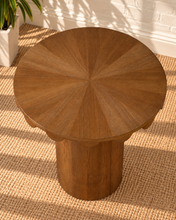 Load image into Gallery viewer, Solenn counter height table in Warm Walnut oak veneer with round tabletop, scalloped edge detail, and cylindrical pedestal.
