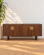 Load image into Gallery viewer, Stefan natural brown mango wood credenza with fluted cabinet doors, round cork handles, four-door storage, and wood legs.

