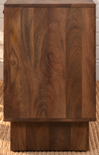 Load image into Gallery viewer, Stefan natural brown mango wood credenza with fluted cabinet doors, round cork handles, four-door storage, and wood legs.

