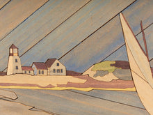 Load image into Gallery viewer, Harbor Inlay Framed Coastal Marquetry Artwork with Sailboat and Lighthouse

