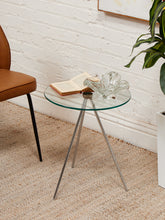 Load image into Gallery viewer, Tripod Round Glass Side Table with Chrome Base
