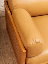 Load image into Gallery viewer, Early 1980’s Italian Sofa with Caning Detail and New Leather Upholstery
