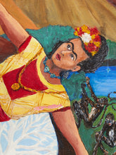 Load image into Gallery viewer, Frida in the Mountains Framed Surreal Folk Art Painting with Andean Landscape
