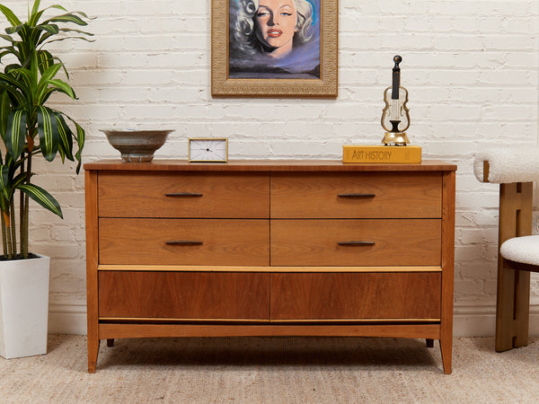 retro vintage dresser Italian Mid Century Modern Maple Long Dresser + Mirror | 1960s
